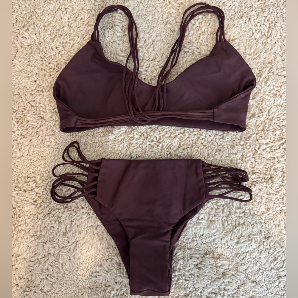 Mikoh Strappy Wine 3-pc Bikini Set (Kapalua bottom, Uluwatu top, Palm Beach top) - Picture 3 of 7